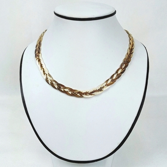 Braided Herringbone Chain Necklace Gold Tone 18" - Picture 1 of 4